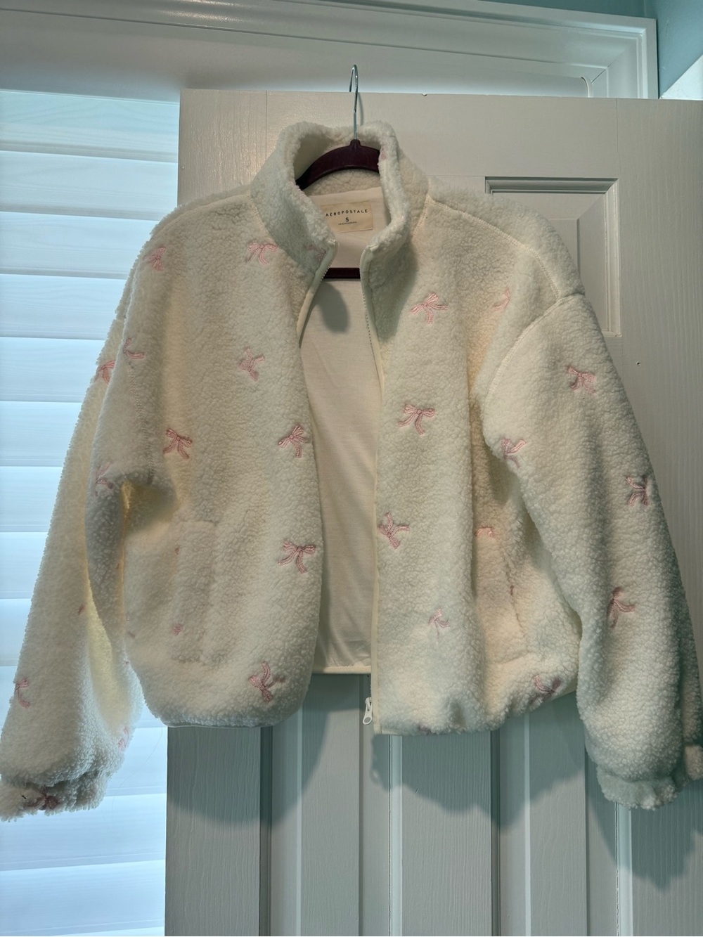 Aeropostale Cream Sherpa Jacket with Pink Bow Embroidery - unworn